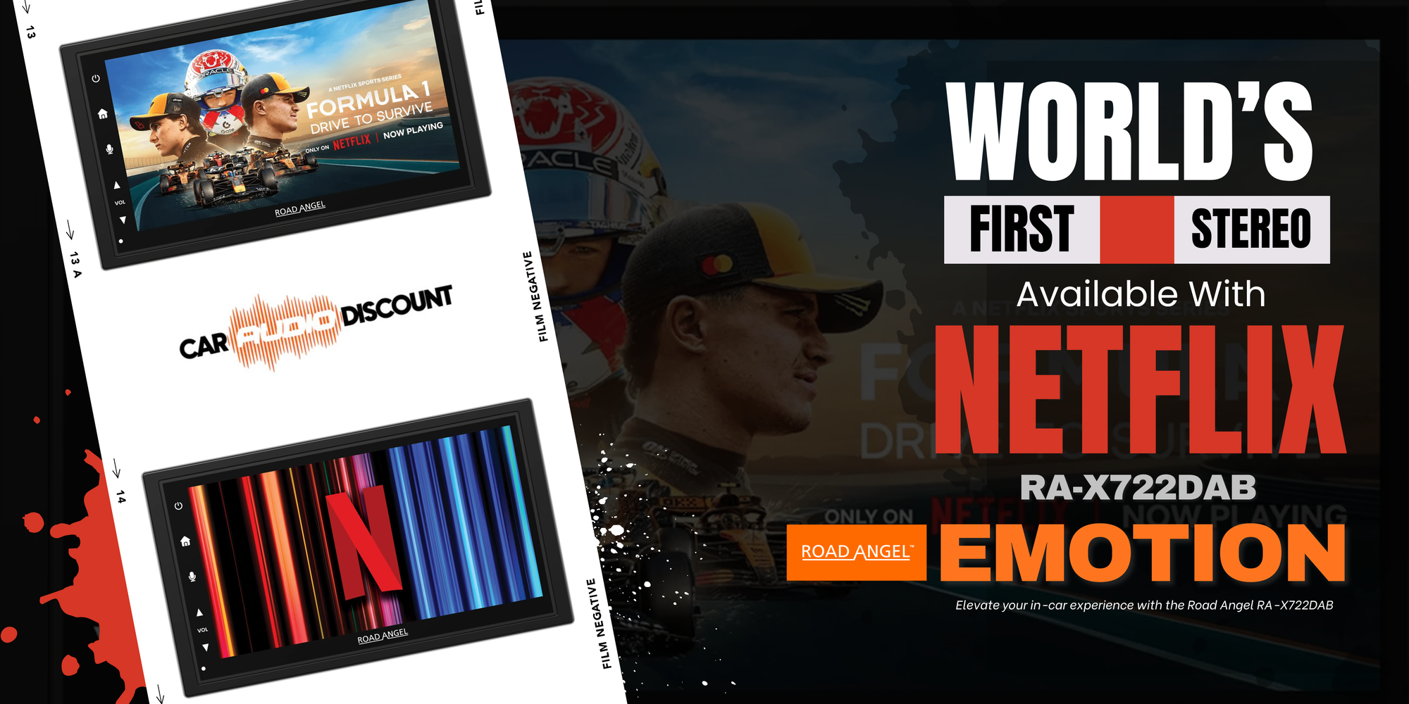 Advertisement for car audio equipment with Netflix integration on a dark background