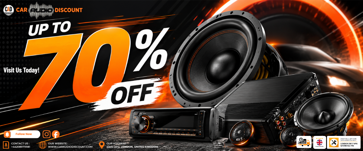 Car audio system with promotional text for discount on a dark background