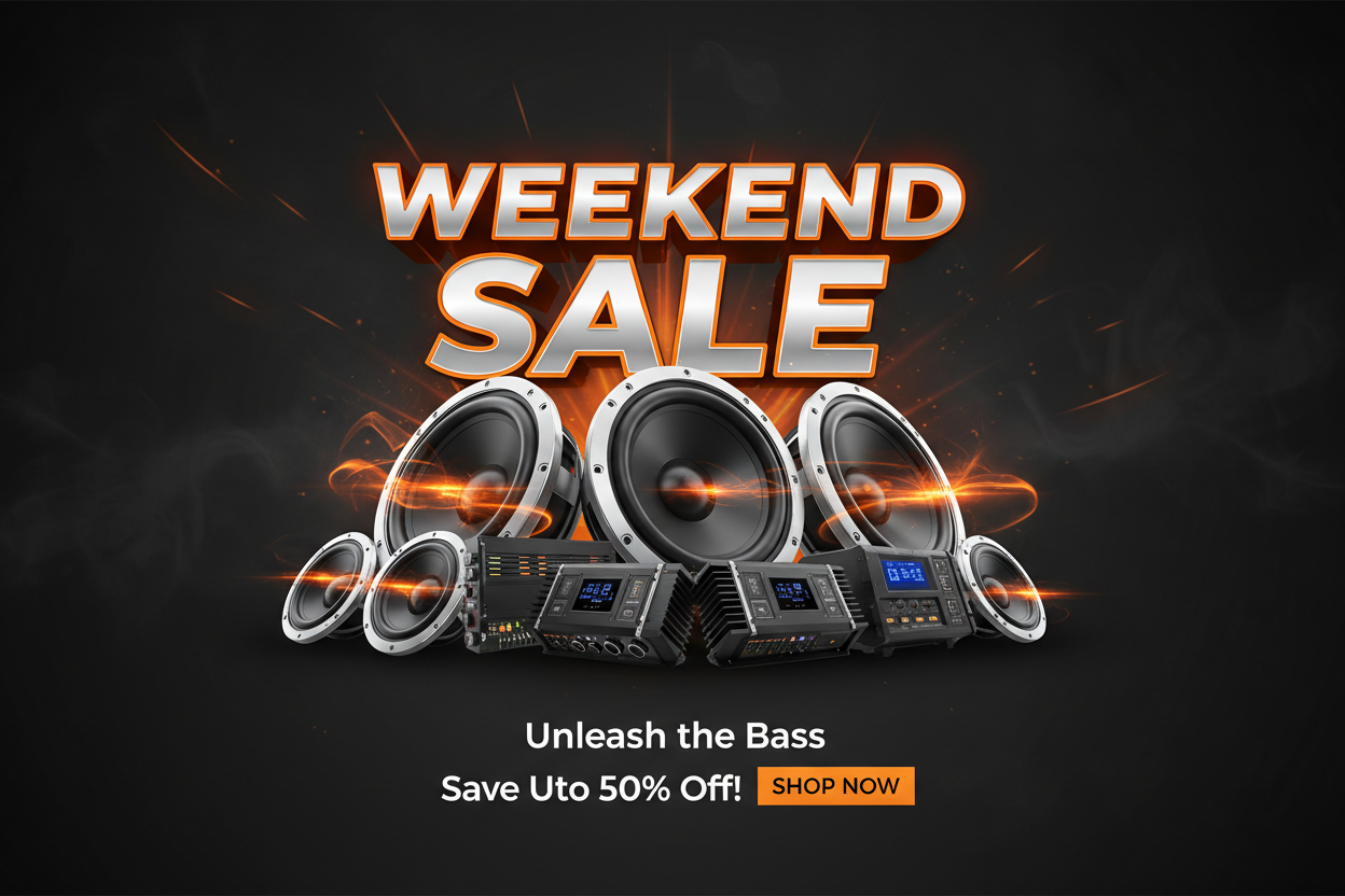 Advertisement for a weekend sale with speakers and a bass controller on a dark background.