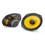 A pair of JL Audio C1-690X 6" x 9" coaxial speakers with yellow and black components, including a woofer and a dome tweeter.