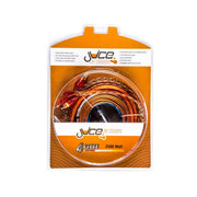 Packaging of a 4 gauge 2500 watt amplifier wiring kit by Juice, displaying the product and its specifications.