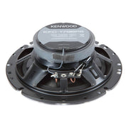 A pair of black Kenwood KFC-PS1796 6 inch coaxial 3-way car speakers with a central dome tweeter and an iron frame with rubber suspension.