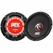 An MTX Audio RTX84 Road Thunder Extreme 8" mid bass speaker, showing front and back views with red and black color scheme.