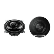A pair of Pioneer TS-G1020F 10cm 2-Way 200w Car Speakers with grills, showing the front view and side view.